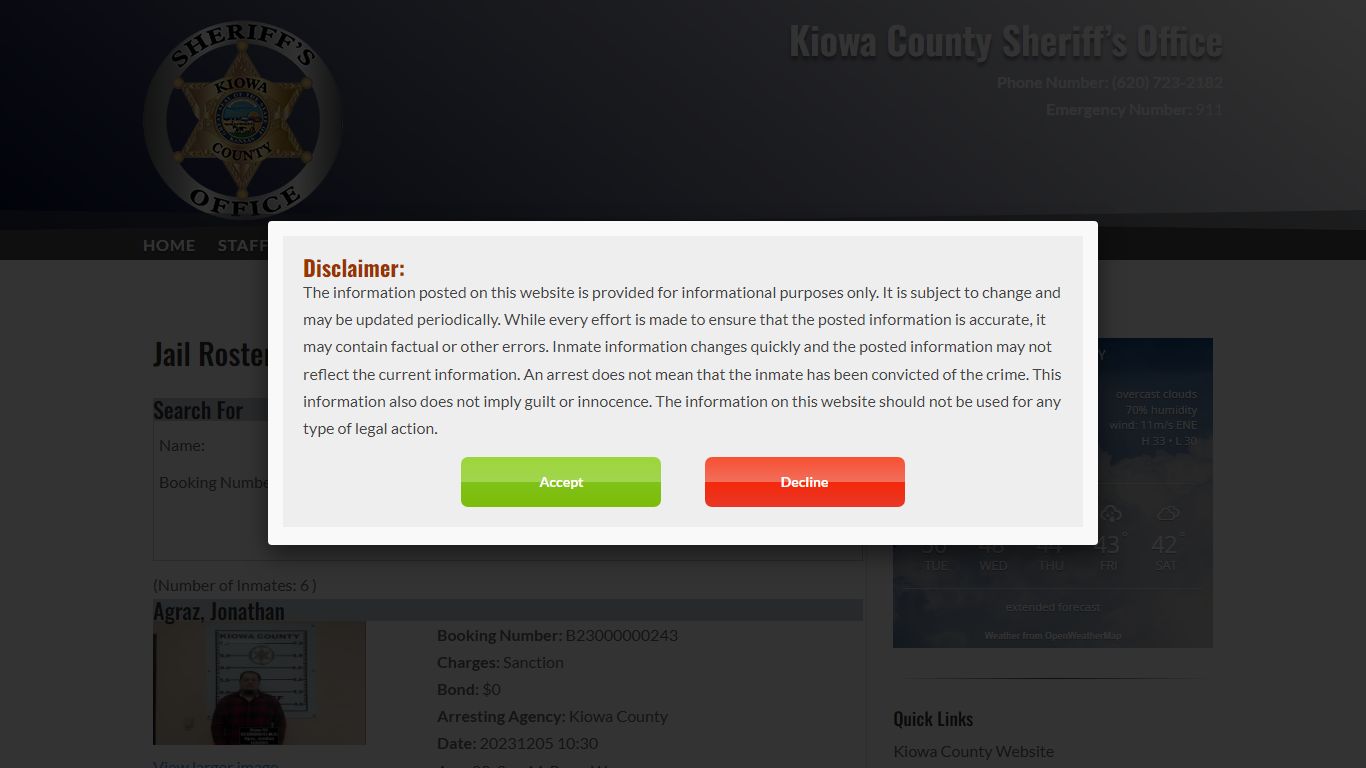 Jail Roster | Kiowa County Sheriff's Office